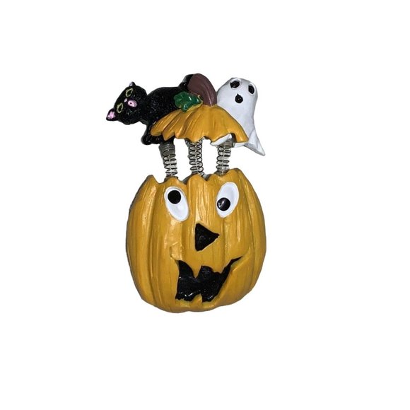 Halloween Pumpkin Jack-O-lantern Pin with Spring attached Ghost & Black Cat - Picture 2 of 4